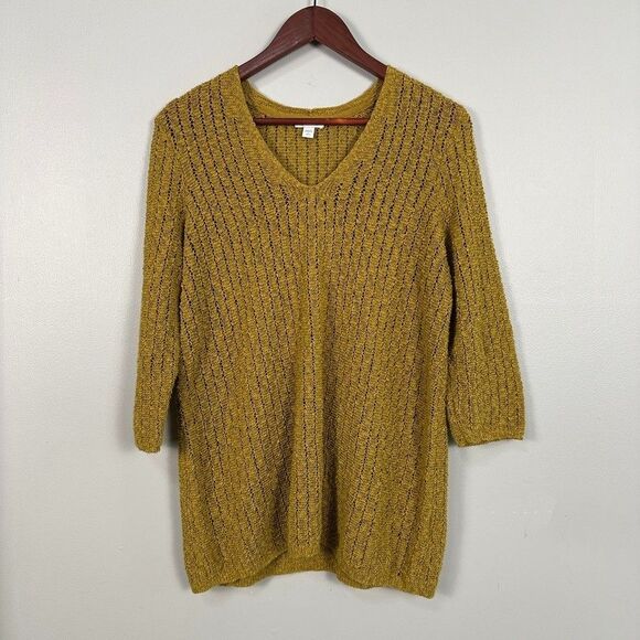 J. Jill Open Knit V-Neck Tunic 3/4 Sleeve Sweater Yellow Womens Large Petite - Picture 1 of 5